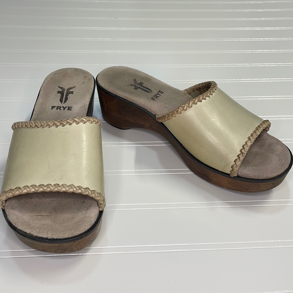 FRYE Tosca Wood/Leather Slide slip on Wedge Sandals